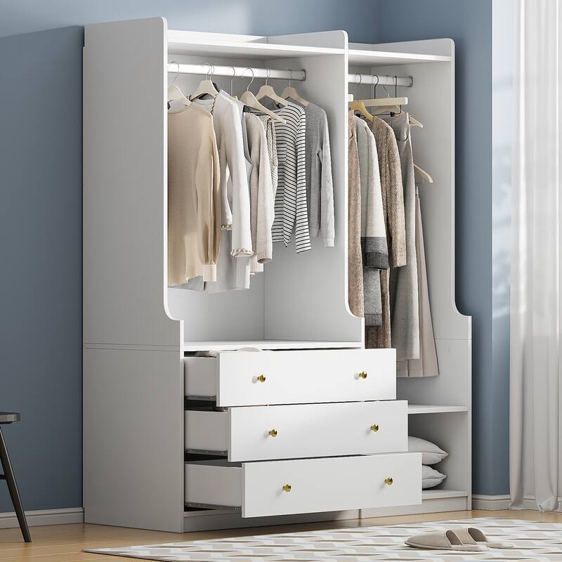 Wooden Open Wardrobe Storage Clothes Storage Cabinet with Dual Hanging Rods and Five Shelves Armoire for Bedroom - White