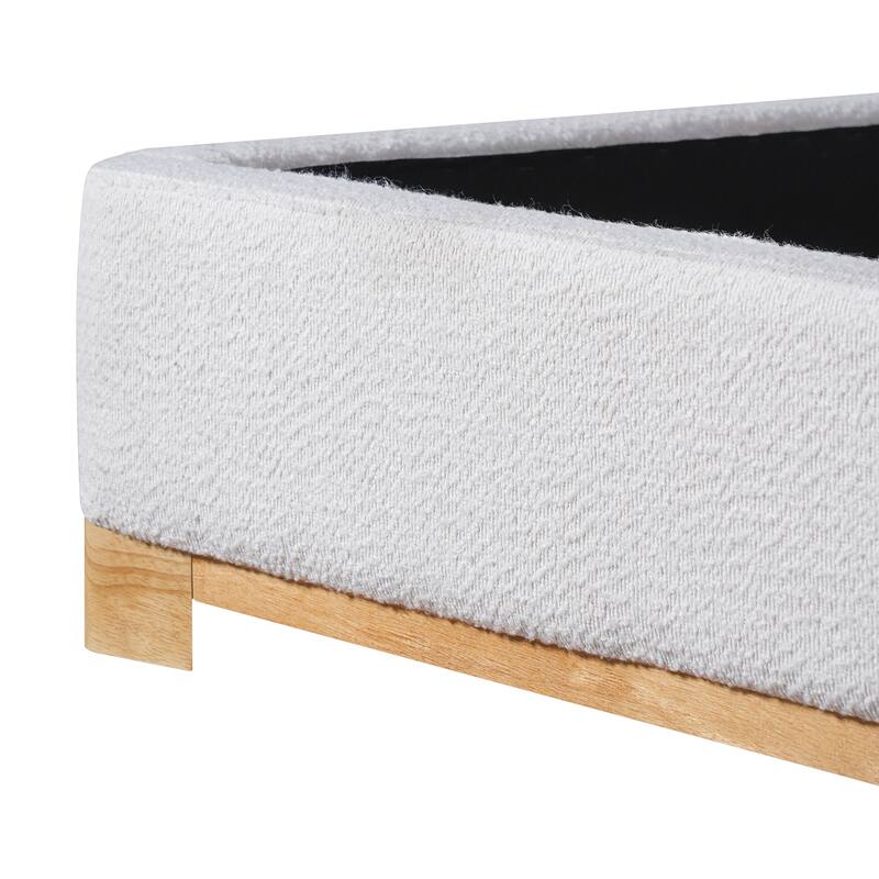 White Platform Bed Wingback Frame with Boucle Upholstered Curved Headboard, Solid Wood Base Low Profile Bed