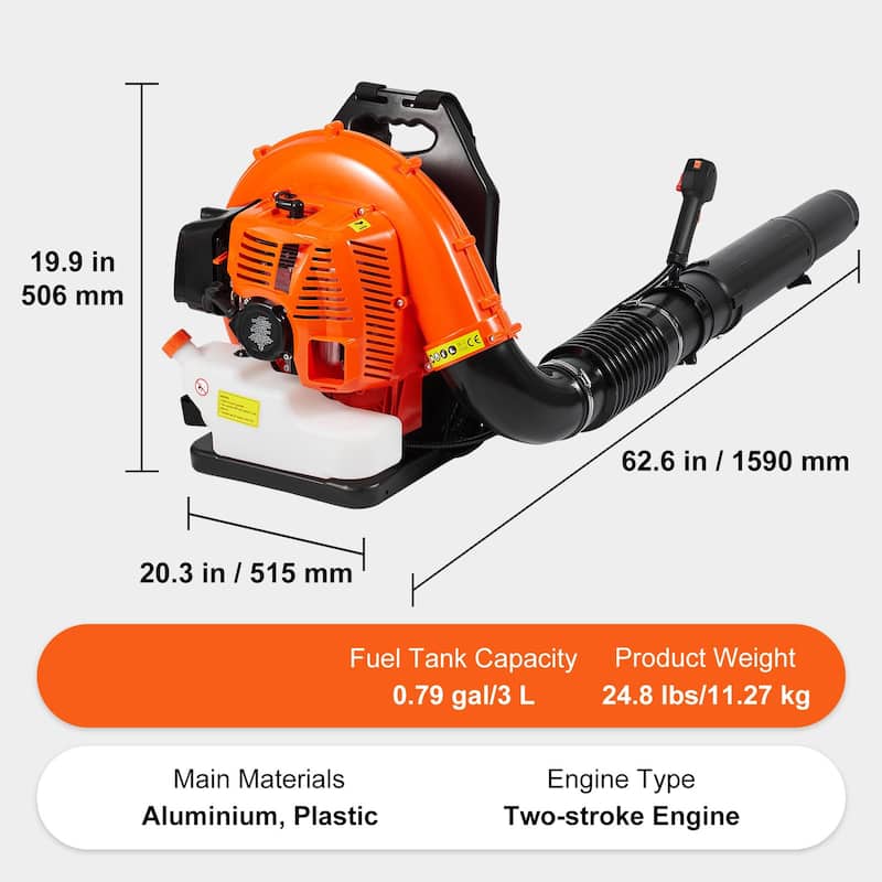 Orange Backpack Leaf Blower with Fuel Tank and Adjustable Padded Shoulder Straps