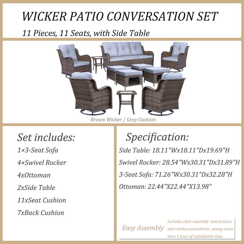 11 Piece Outdoor Wicker Patio Conversation Swivel Chairs Furniture Set
