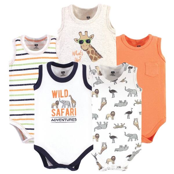 slide 1 of 1, Hudson Baby Infant Boy Cotton Sleeveless Bodysuits 5pk, Wild Safari 0-3 Months - Wild Safari