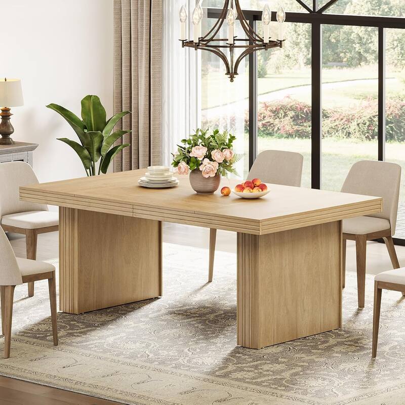 63 Inches Farmhouse Dining Table for 6, Wooden Kitchen Table - Beige