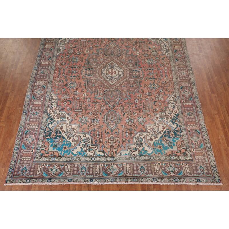 Tabriz Vintage Persian Rug Hand-Knotted Pink Geometric Wool Carpet - 9'9" x 13'4"