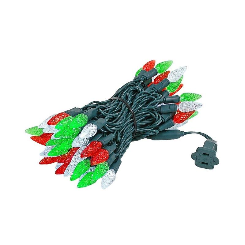 70 Light C6 LED Christmas Mini Light Set, Red/Green/Pure White, Green Wire, 24' - Large