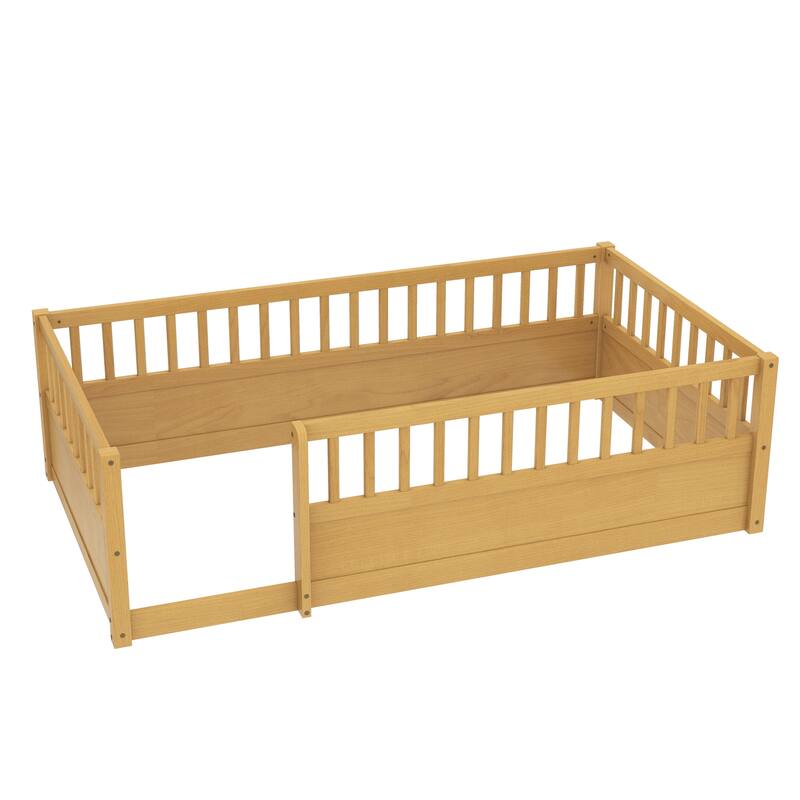 Solid Wood Floor Bed Frame without Slats, Montessori Kids Floor Beds with Full Length Fence, No Box Spring Needed