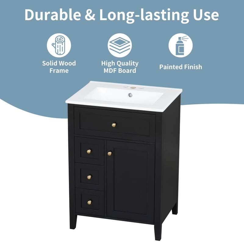 24" Bathroom Vanity With Sink, 3 Drawers & Cabinet With Adjustable Shelves, Modern Design