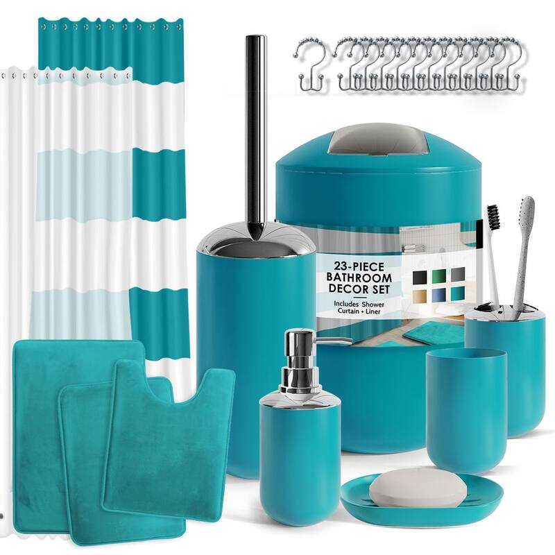 Clara Clark 23 Piece Complete Bathroom Accessories Kit With Shower Curtain and Rug Set - Teal