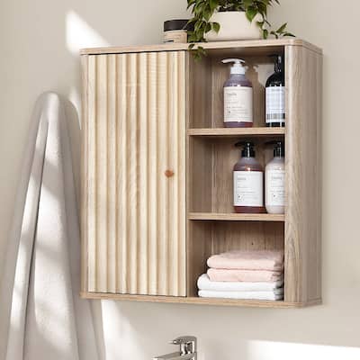 Natural Finish Wave-Patterned Manufactured Wood 1-Door Bathroom Wall Cabinet - 24.8" H x 23.6" W x 7.87" D