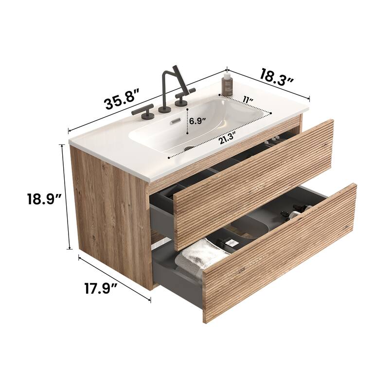 GDFStudio - Gloria Modern Wall-Mounted Floating Bathroom Vanity with Integrated Ceramic Basin & Soft-Close Drawers