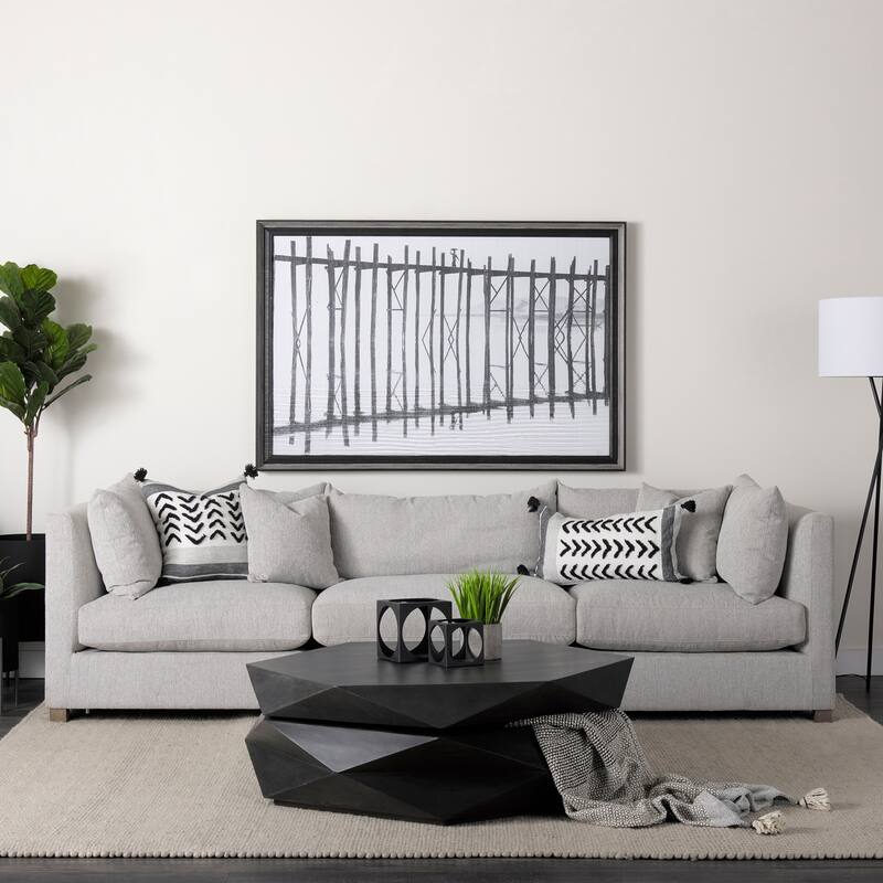 Kimia 14L x 26W White, Gray, and Black Fabric Herringbone and Fringed Decorative Pillow Cover