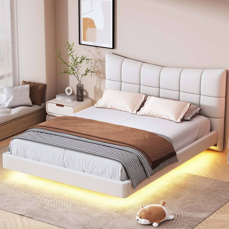 Full Size Upholstered Platform Bed with LED Lights