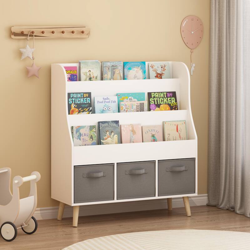 Anmytek 3 Tier Kids Bookcase with Toy Storage Drawers Slanted Display Shelves Pine Wood White for Nursery Playroom