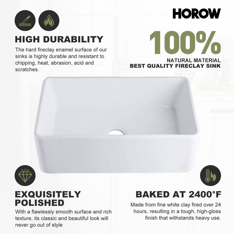 HOROW 30 in. White Fireclay Apron-Front Kitchen Sink, Single Bowl Design with Grid and Strainer