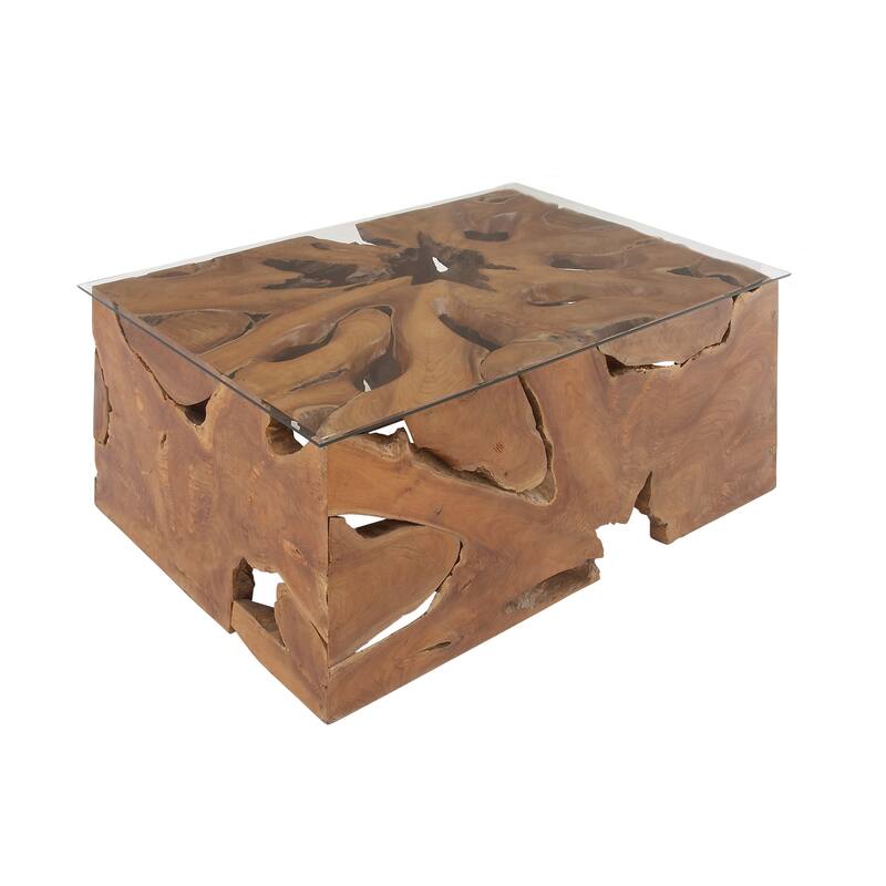 Teak Wood Handmade Live Edge Tree Stump Coffee Table with Clear Glass Top - Brown - Roche River Decor - 28"W x 40"L x 18"H