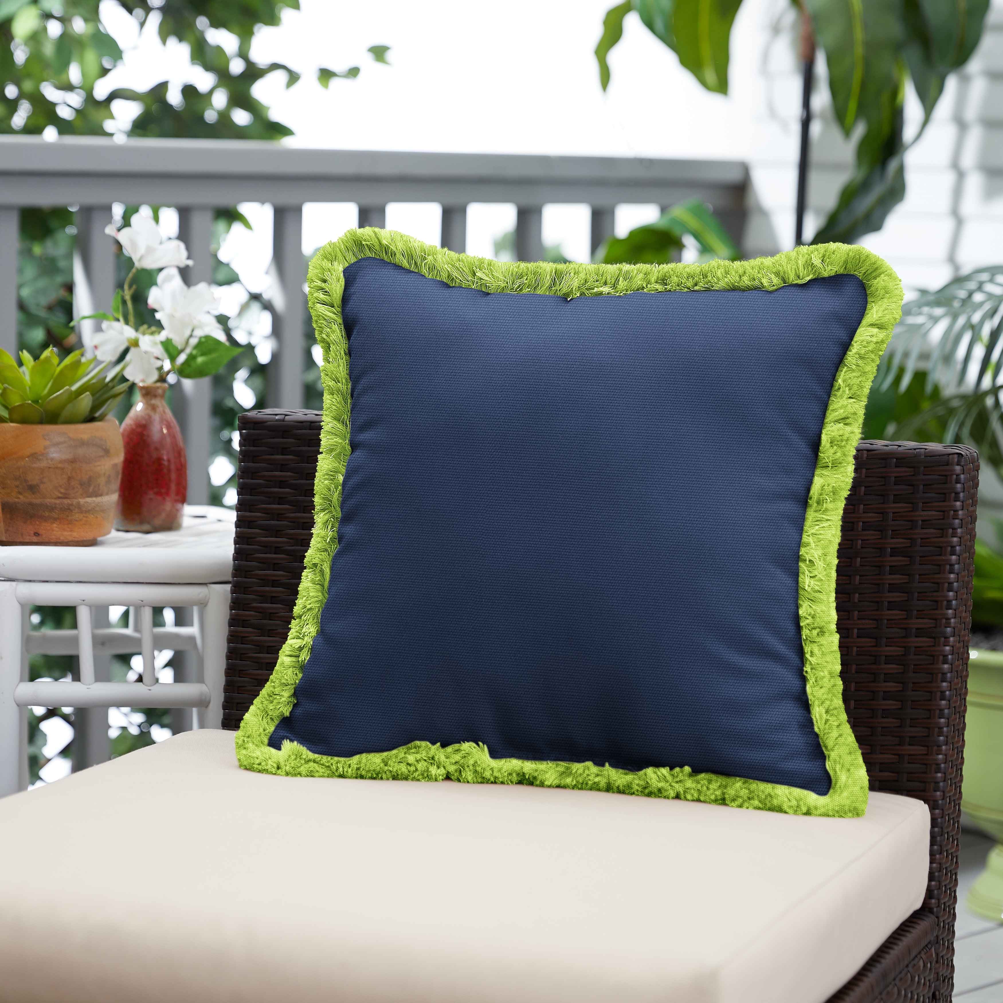 Sunbrella Canvas Navy and Amande Fringe Indoor/ Outdoor Pillow - 18 in x 18 in