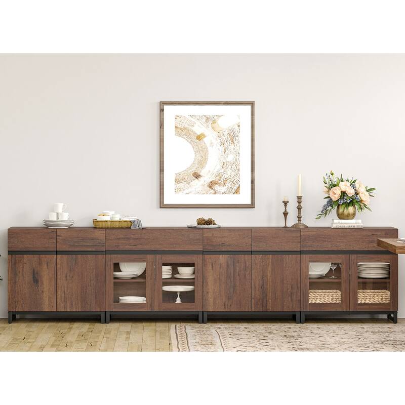 4-in-1 Modern Sideboard Buffet with Glass Doors, 2 Drawers & Metal Base, Adjustable Shelf for Kitchen Coffee Bar Storage