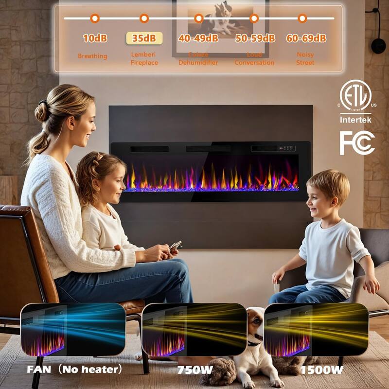 BOSSIN Electric Fireplace - Recessed or Wall Mounted Heater, 750/ 1500W, Adjustable Flame, Remote & Touch Control, Timer
