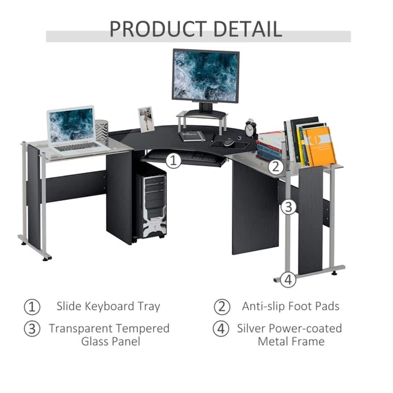 Modern Black MDF L-Shaped Home Office Desk with Tempered Glass Top and Rolling CPU Holder
