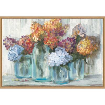 Canvas Art Framed 'Fall Hydrangeas in Glass Jar Crop' by Carol Rowan 23 x 16-inch