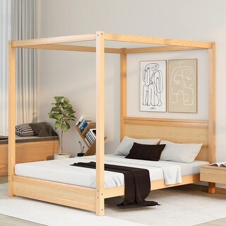 Modern Queen/Full Size Canopy Platform Bed with Headboard and Support Legs - Sturdy Pine Wood Construction