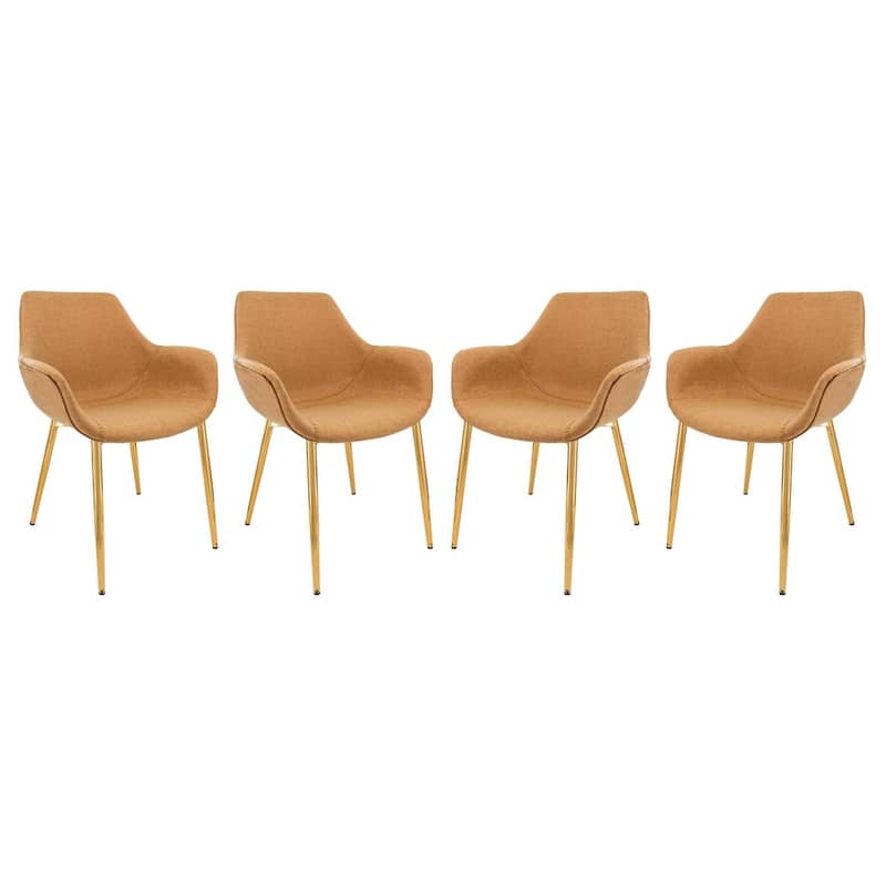 Markley Modern Leather Dining Armchair Set of 4 With Gold Metal Legs Accent Side Chair - Light Brown