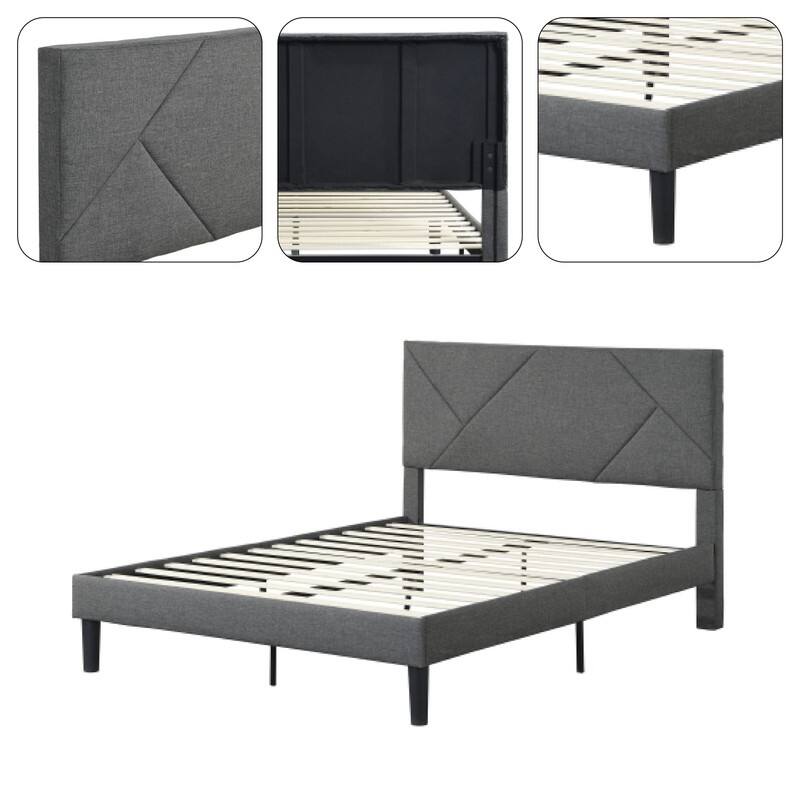 Modern bed frame Grey platform bed Linen queen bed