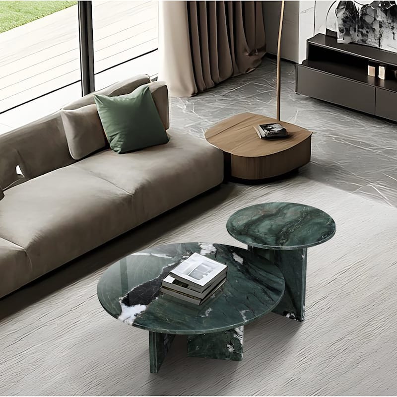 Roomfitters Marble Coffee Table Set, Round Living Room Tables, Solid Stone Modern Accent Table Set, Genuine Marble