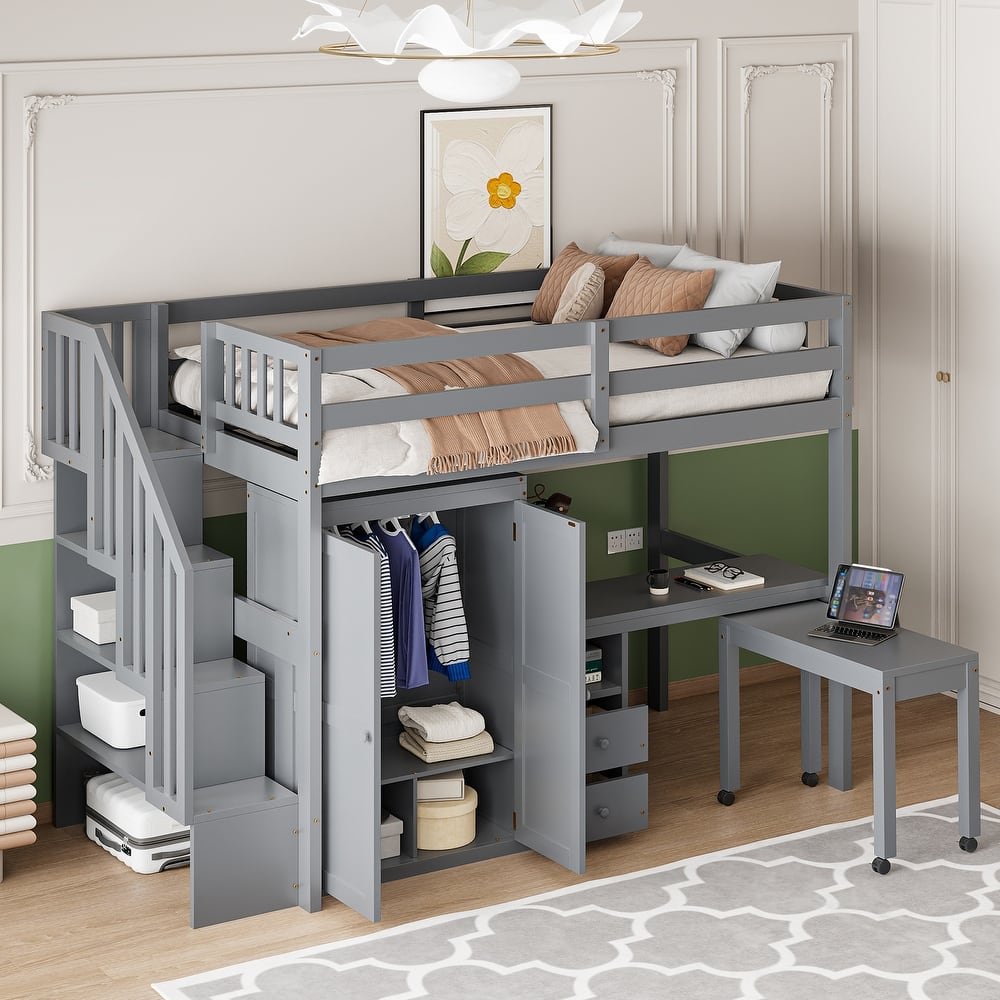 Multifunctional Loft Bed w/Stairs, Bookshelf, Drawers, Desk & Wardrobe