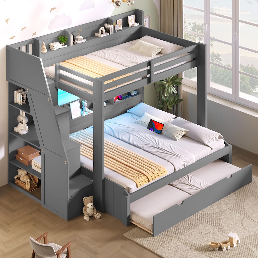 GDFStudio - Solid Wood Twin over Full Bunk Bed with Storage Staircase, Trundle, LED & USB