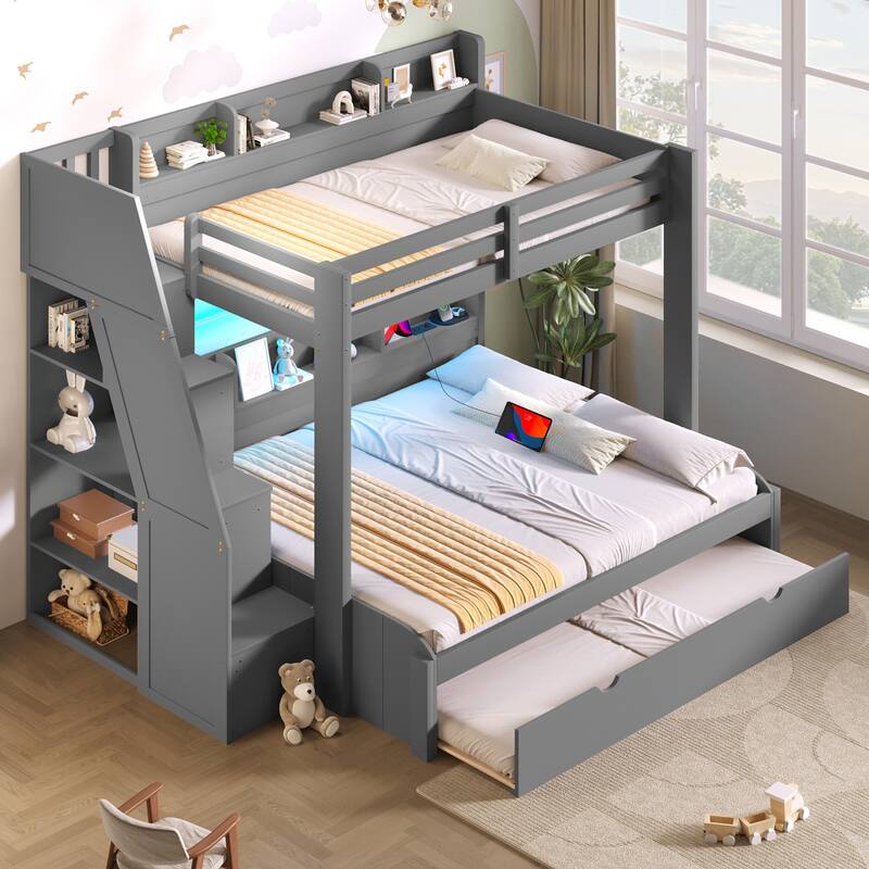 Twin over Full Bunk Bed with Storage Staircase - Trundle, Shelves, LED & USB for Kids Room - Grey - Twin
