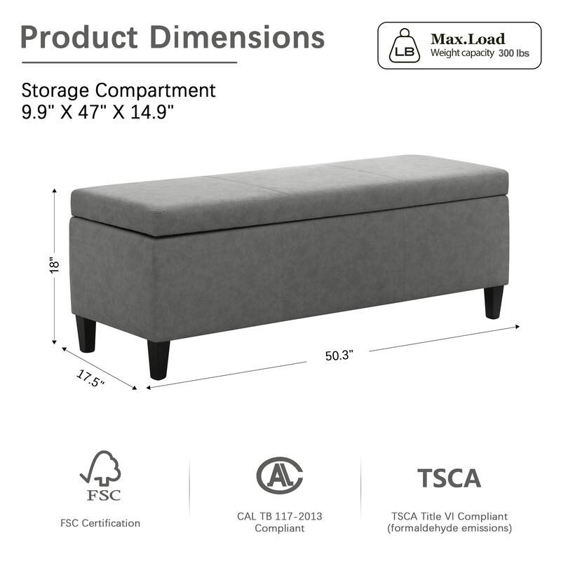 50.3" x 17.50" x 18" Upholstered Rectangular Storage Ottoman-Faux Leather
