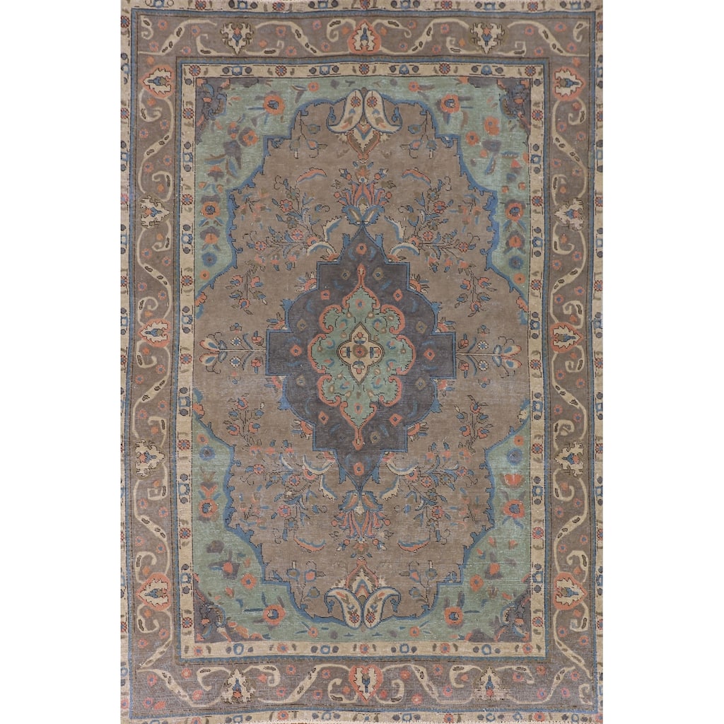 Tabriz Living Room Vintage Rug Handmade Wool Carpet - 6'5"x 9'6"
