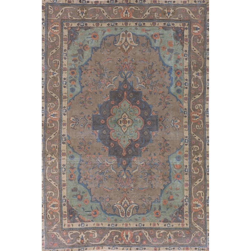 Tabriz Living Room Vintage Rug Handmade Wool Carpet - 6'5"x 9'6"