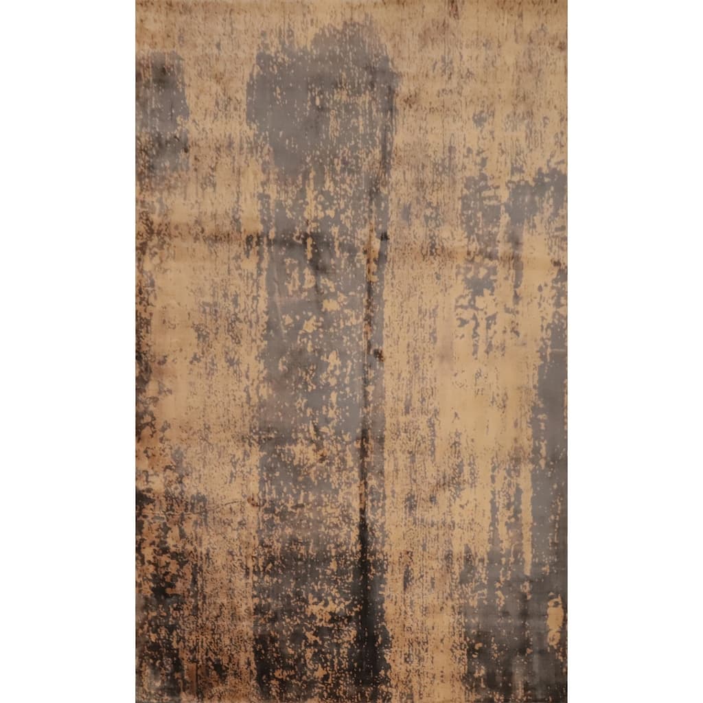 Hand Knotted Oriental Viscose Silk Carpet Modern Pictorial Brown Abstract Area Rug - 7' 5'' X 5' 5''