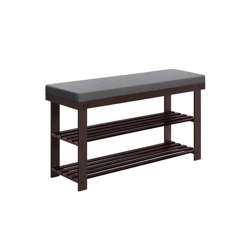 Wicker Shoe Bench with Cushion and 2-Tier Storage Shelves for Entryway for Holds Up to 8 Pairs - 11.4"D x 35.4"W x 19.3"H - Brown-Grey