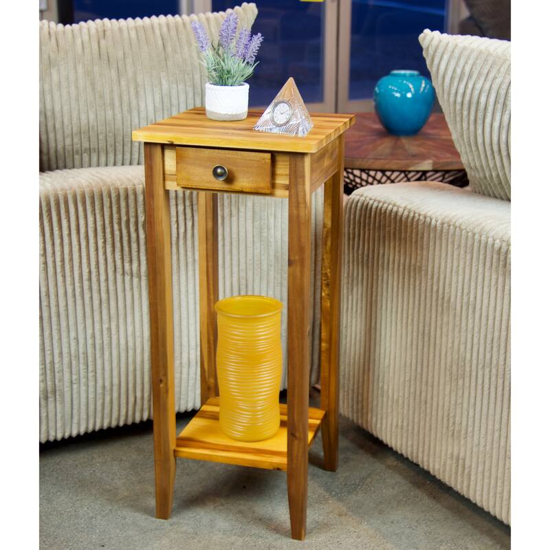 2-Tier Solid Acacia Wood Plant Table with Drawer
