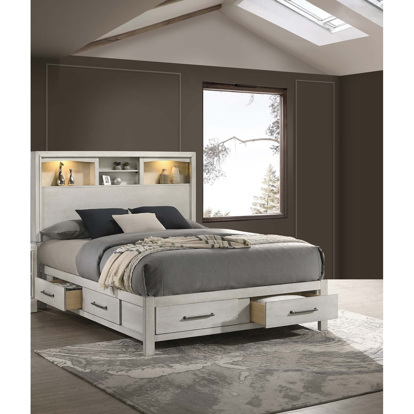 Contempoary Style 1pc Bed Set Open Shelf Headboard Built In LED Lights Antique White Finish Bedroom Furniture