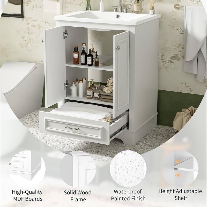 Roomfitters 24" Vanity with Ceramic Sink, Freestanding Cabinet with Silver Handles and Soft Closing Doors
