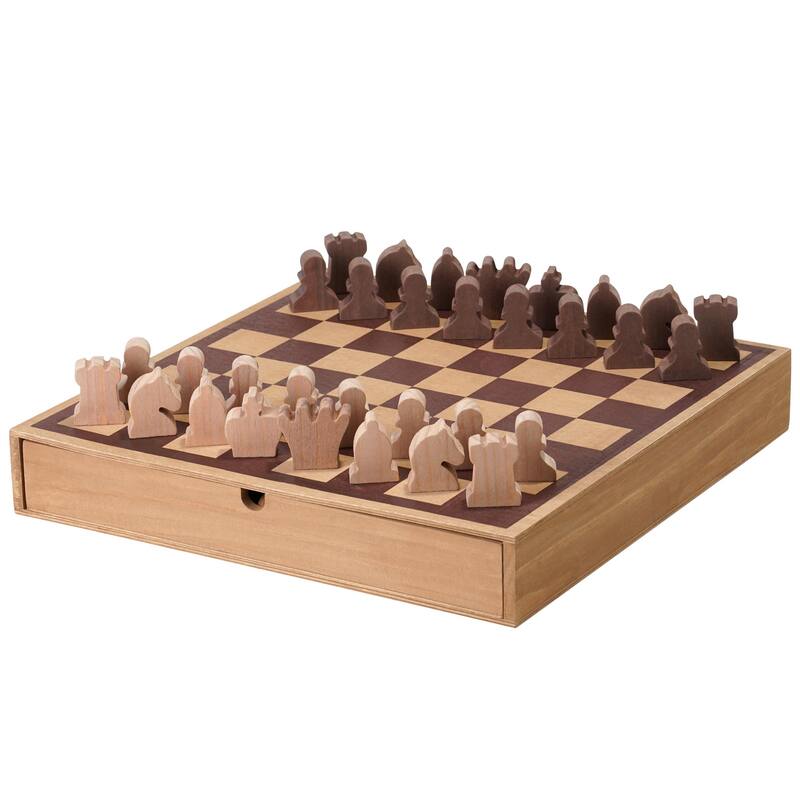 American Art Decor Wood Chess & Checkers Board Game Set with Drawer Tabletop Decor - 2.5" H x 16" L x 16" D