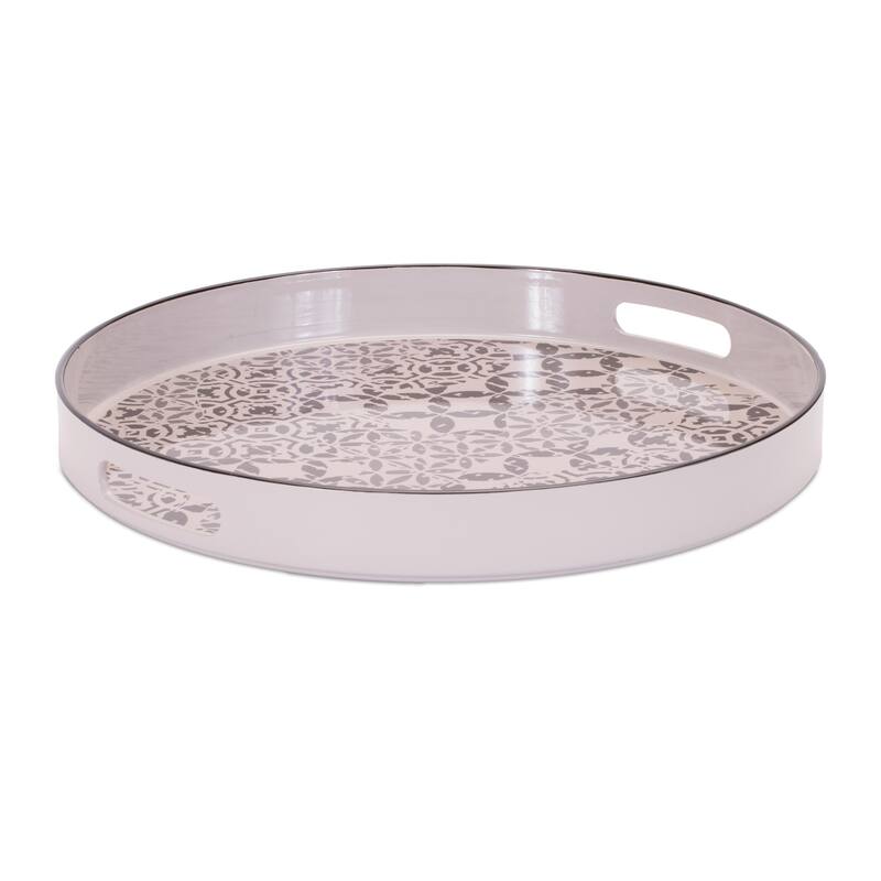 HomeRoots 14" Cream And Gray Geometric Pad Print Round Serving Tray With Handles - 13.5 in. x 1.75 in. x 13.5 in.