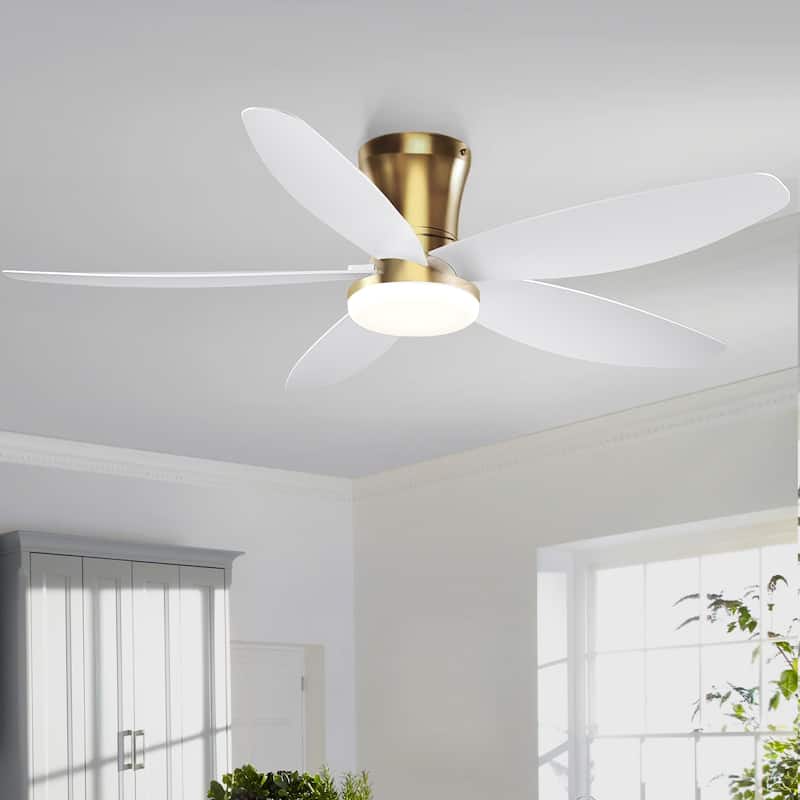 36/42/48 inches Flush Mount Ceiling Fan with Light and Remote ,Gold Base with White Blades for Bedroom Living Room
