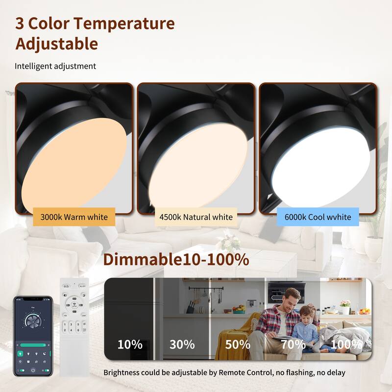 3 Blades Propeller Smart Ceiling Fan Light, 52 Inch Ceiling Fan with Remote Control, 6-Speed, 2 Downrods