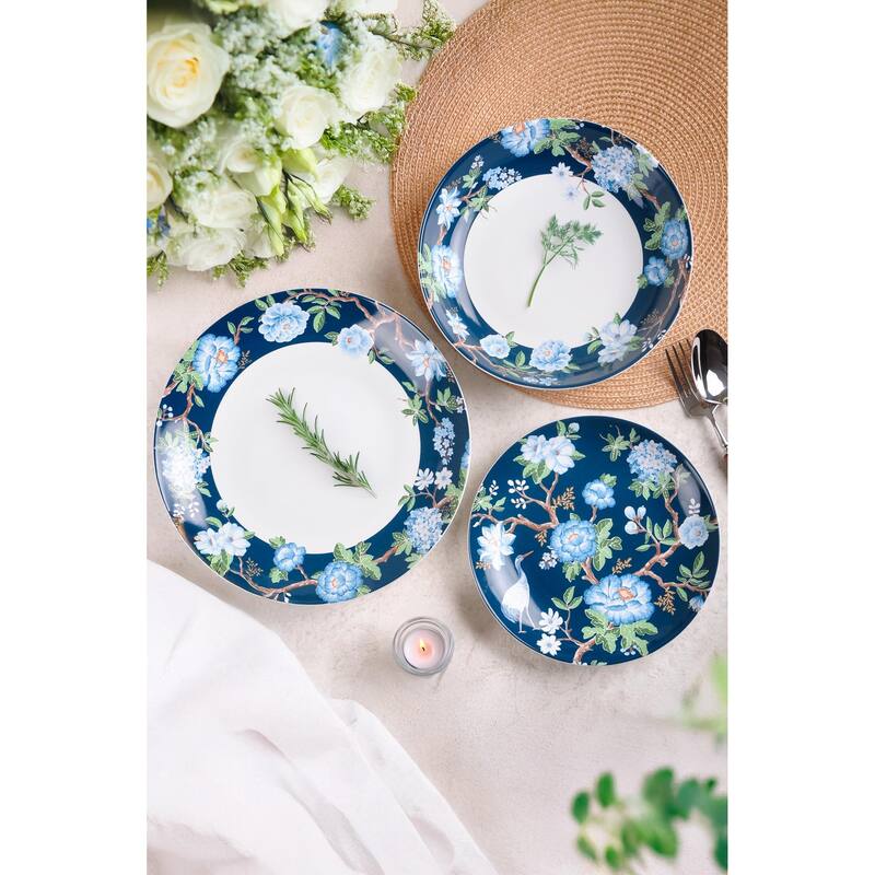 222 Fifth Nightingale 12-Piece Blue Porcelain Dinnerware Set - Service for 4, Plate & Bowl Set
