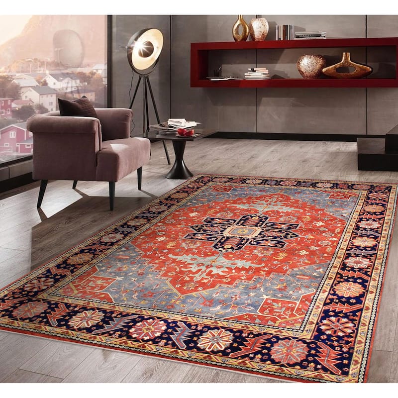 Pasargad Home Serapi Hand-Knotted Rust/Navy Wool Area Rug