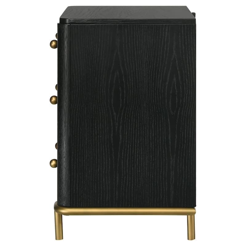 Fij Nightstand, 3 Drawers, USB Port, Golden Metal Legs, Knobs, Black Wood
