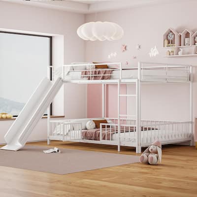 Metal Bunk Bed with Slide and Guardrails for Kids