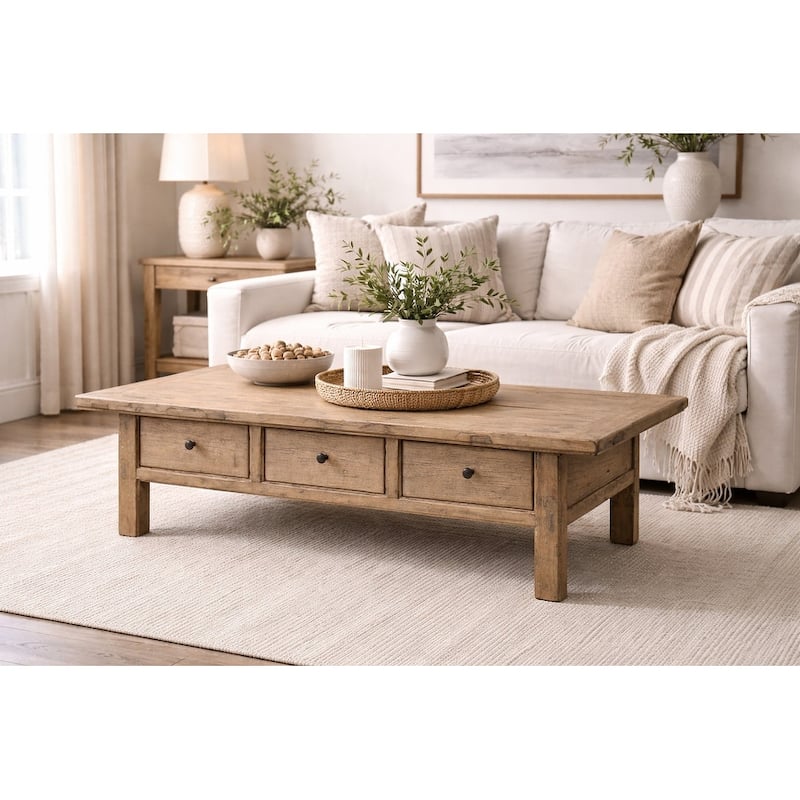 63 Inches Wide Coffee Table with Three Drawers Weathered Natural
