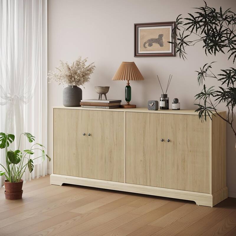 Mid-Century TV Stand Sideboard Cabinet with 4 Fluted Doors Storage & LED Light