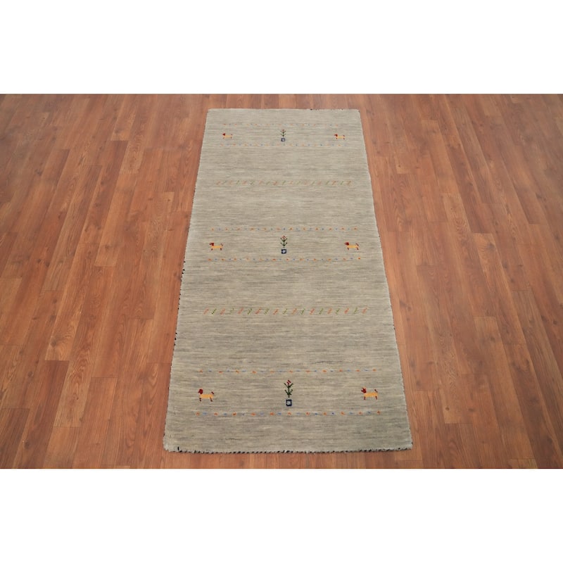 Hand Knotted Oriental 100% Wool Carpet Tribal Animal Pictorial Beige & Ivories Gabbeh Runner Rug - 4' 8'' X 2' 4''
