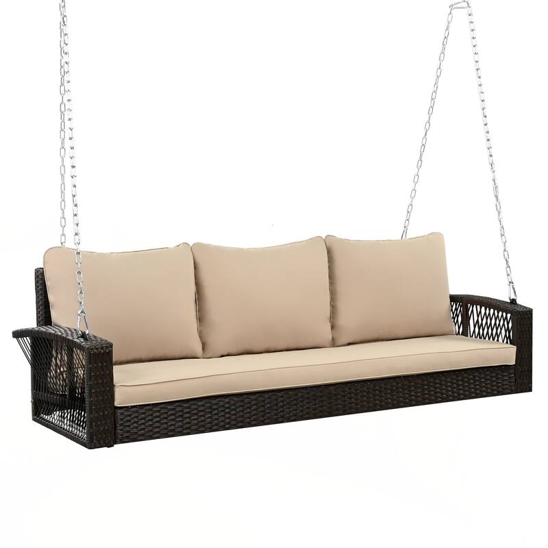 Wicker 3-Person Porch Swing with Chains, Large Patio Swing Bench with Cushions for Backyard, Garden, and Poolside